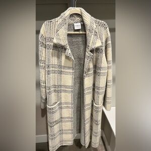 Cyrus Cream and Brown Plaid Open Sweater / Duster, large